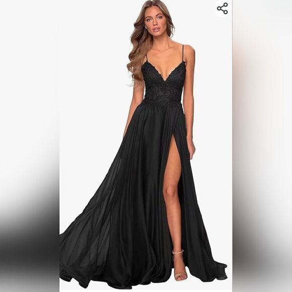 NWOT, Women's Lace Appliques Long V Neck Slit Formal Party Evening Dress, Size 2 - Picture 1 of 5
